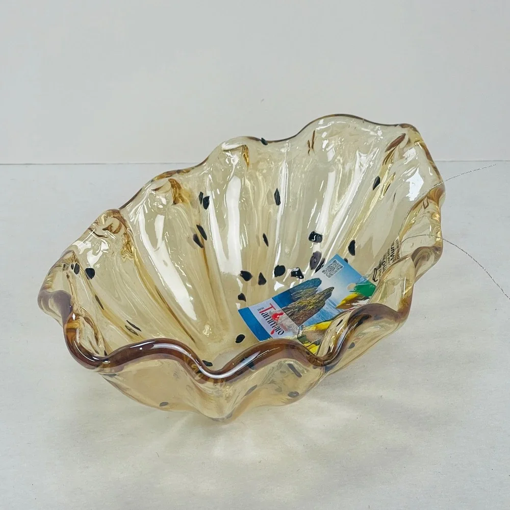 Tammaro Home Murano Glass Bowl Amber Speckled Ruffled Rim Made in Italy 10in